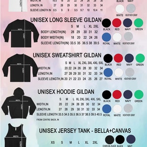 Puede incluir: Un gr&aacute;fico que muestra las medidas de tama&ntilde;o para diferentes tipos de camisas unisex, incluyendo cuello en V, manga larga, sudadera, sudadera con capucha y camiseta sin mangas. El gr&aacute;fico incluye medidas de ancho, largo y largo de manga en pulgadas. El gr&aacute;fico tambi&eacute;n incluye opciones de color para cada estilo de camisa.