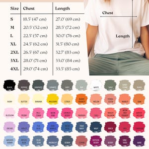 May include: A white unisex t-shirt with a size chart. The chart lists chest and length measurements in inches and centimeters for sizes S to 4XL. A color palette with various shades is also displayed.