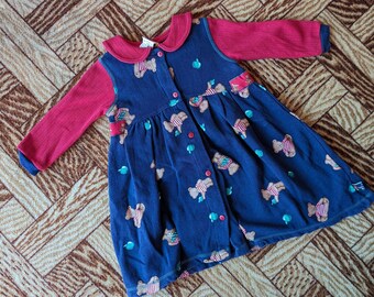 Robe bébé manches longues bleu marine et rouge à imprimé nounours vintage des années 90