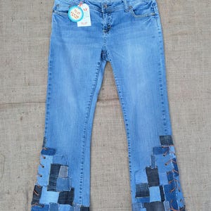 Reworked Patchwork Flare Jeans, Upcycled Y2K Lace Up Denim Pants