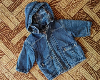 Vintage jaren '90 Baby Denim Jean Jack met capuchon en blauwe Flannie voering