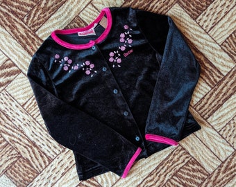 Vintage 1990s Barbie Black Velour Cardigan with Pink Trim and Embroidery