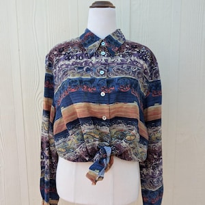 Vintage 80s 90s Colourful Funky Mixed Paisley Print Long Sleeved Blouse
