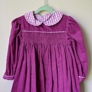 Handmade Pink Long Sleeved Smocked Corduroy Dress with Vintage Fabric and Peter Pan Collar | 2 year old