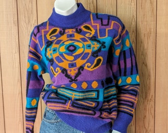 Vintage 1990s I.B. Diffusion Bright Geometric Abstract Print Mock Neck Wool Angora Sweater Jumper