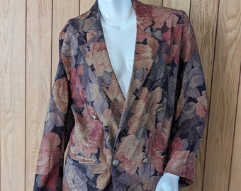 Vintage 80s Maroon Floral Oversized Double Breasted Blazer Suit Jacket