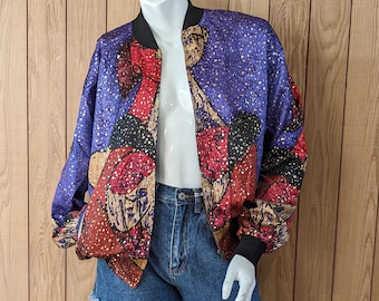 Vintage 80s Picasso Abstract Art Purple, Red and Gold Satin Bomber Jacket