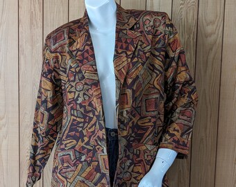 Veste de costume blazer thaïlandaise vintage en soie à imprimé géométrique abstrait géométrique bordeaux violet