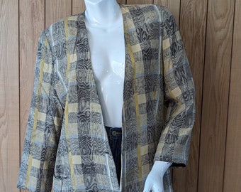 Vintage 80er 90er Jahre Blazer Anzugjacke in hellem Beige-Karo ohne Kragen