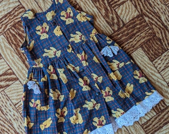 Vintage 1990s Teddy Bear Print Sleeveless Baby Dress with Lace Trim