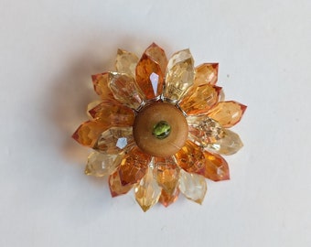 Vintage Orange and Clear Sparkly Flower Beaded Brooch