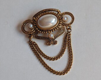 Vintage Barcs Gold-tone and Faux Pearl Brooch with Dangle Chain