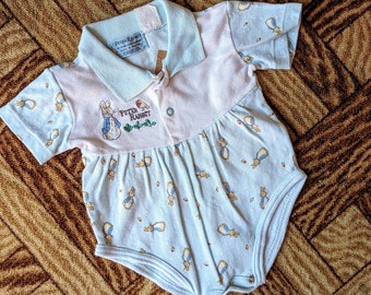 Vintage Peter Rabbit White and Blue Collared Baby Romper Bodysuit