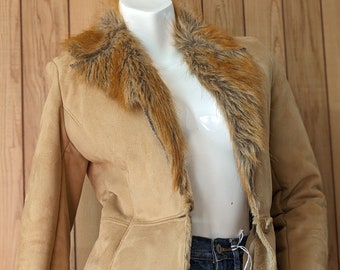 Vintage Y2K Brown Faux Suede Jacket with Faux Fur Collar