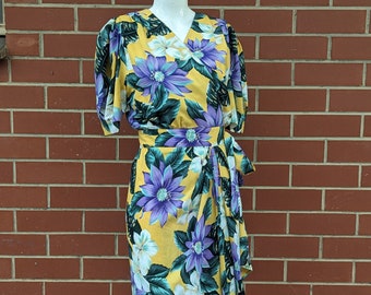 Vintage 1980s Yellow And Purple Floral Wrap Dress