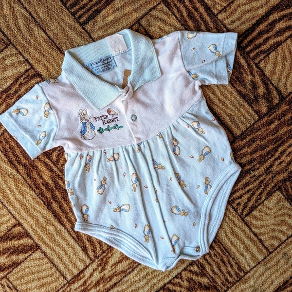 Vintage Peter Rabbit White and Blue Collared Baby Romper Bodysuit