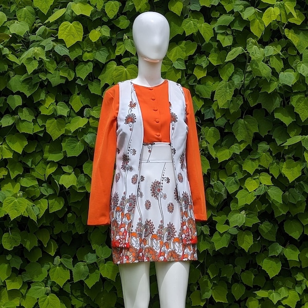 Vintage 1970s Flower Power Paisley Orange Minidress with Vest