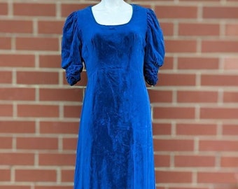 Vintage Handmade Blue Velvet Empire Gown with Bubble Trim