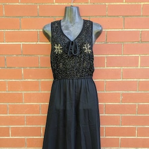 Vintage 1970s Sheer Black Elastic Waist Maxi Dress with Gold Thread Embroidery