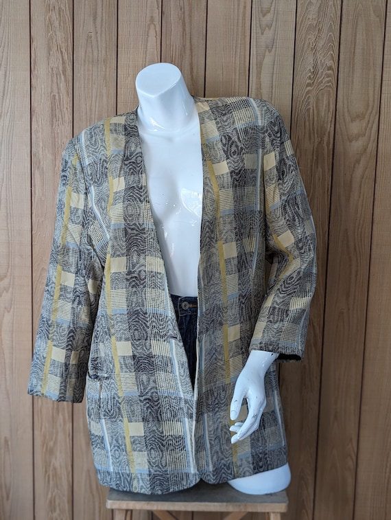 Vintage 1980s 1990s Pale Beige Check Collarless B… - image 1