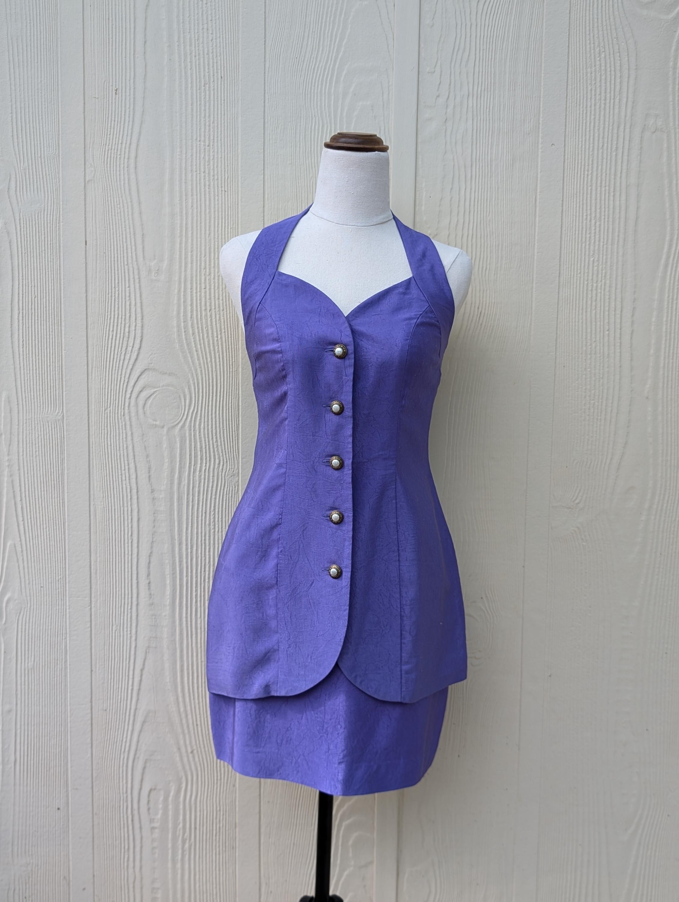 Vintage Cue Design Purple Halter Top and Skirt Suit Set