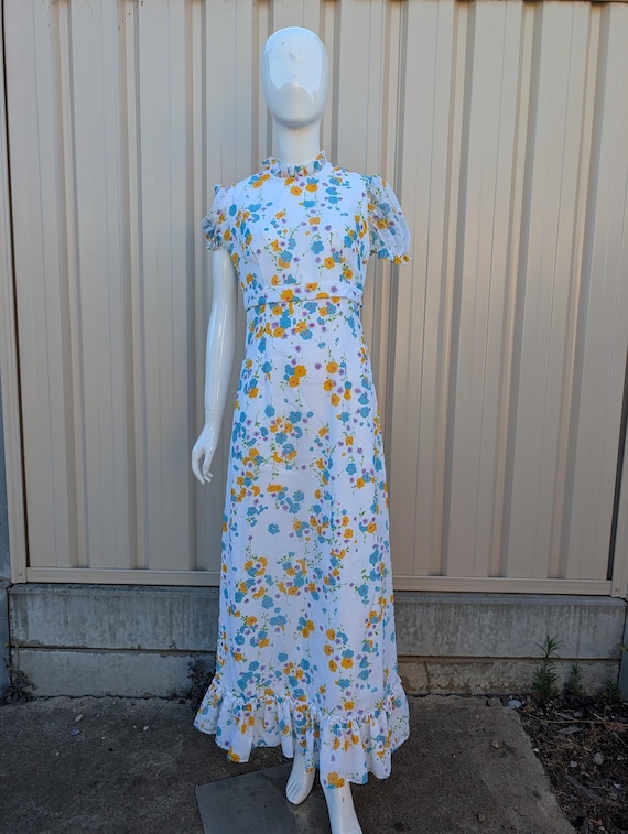 blue bridesmaid dresses yellow flowers Vintage 70s Floral Dress | Ruffle Maxi Prairie Wedding Gown Aless PB Sleeveless Solid filter-pattern:Floral Length: Under 5ft5? Try a petite:Regular length Fabric has no stretch