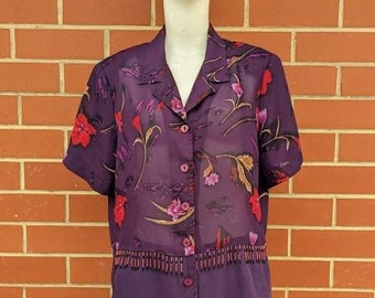 Vintage 1990s Purple Floral Short Sleeved Blouse with Beaded Fringe