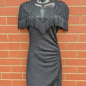 Vintage 1980s Black Party Dress with Illusion Neckline and Fringe