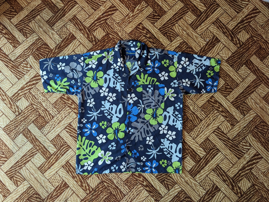 Camicia da festa Billabong tropicale blu e verde vintage anni '90