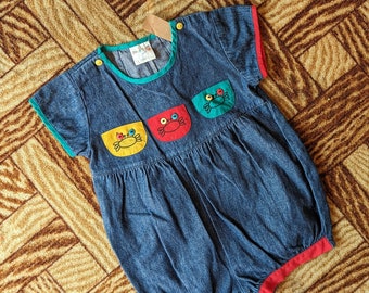 Vintage 1980s 1990s Baby Short Sleeved Bubble Romper with Crab Applique
