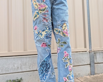 Upcycled Vintage Jeans with Floral Peacock Patchwork Boho Distressed Denim Pants