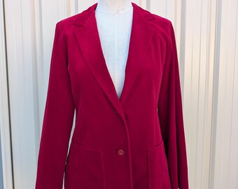 Blazer vintage de veludo vermelho, jaqueta de veludo retrô vibrante com bolsos aplicados.