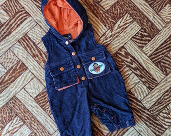 Vintage 90s Paddington Navy and Orange Corduroy Hooded Overalls