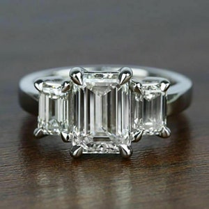 Four Prong 2.40 Carat Emerald Cut Diamond Engagement Wedding Ring In 925 Sterling Silver, Three Stone Ring, Solitaire Rings, Gift For Women