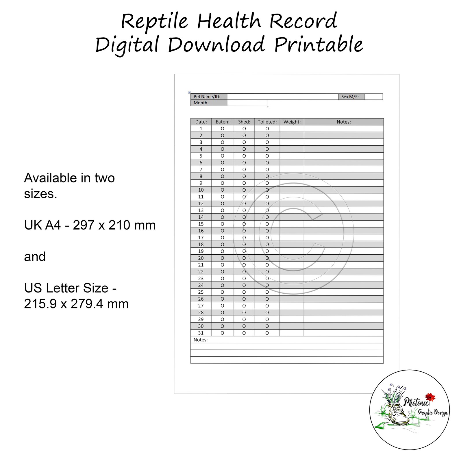 Reptile Planner Lizard Snake Feeding Record Reptile Breeders Etsy