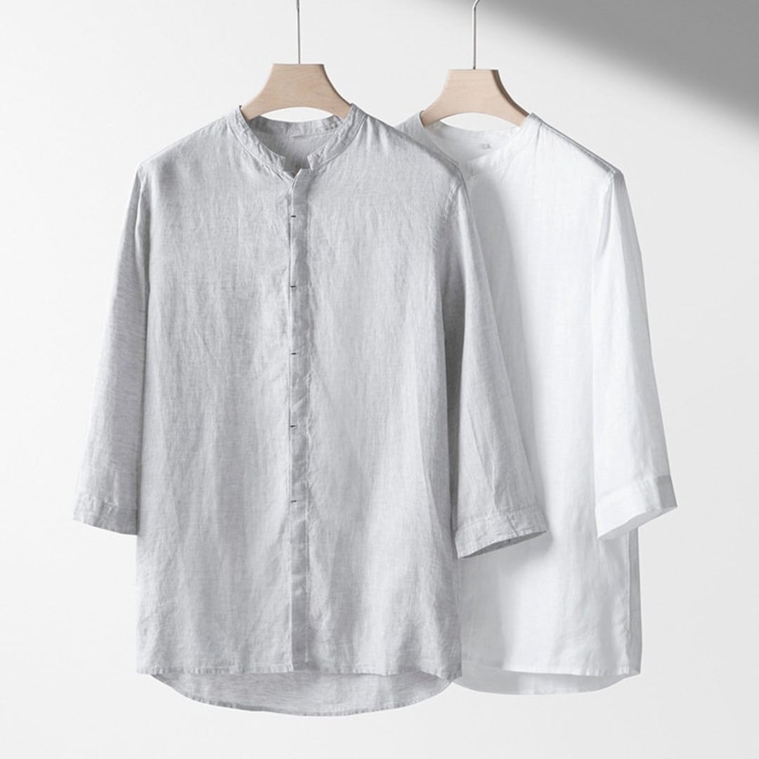 Men's Halfsleeve Linen Shirt, Vintage Standup Collar Linen Shirt