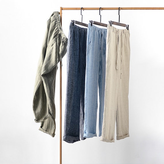 Summer Men's Linen Pants 100linen Casual Elastic Etsy