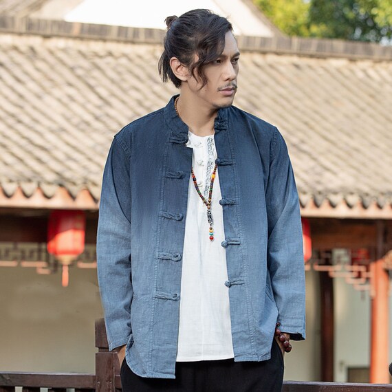 Mens cotton national style vintage hooded long sleeve pure color casual jacket sale