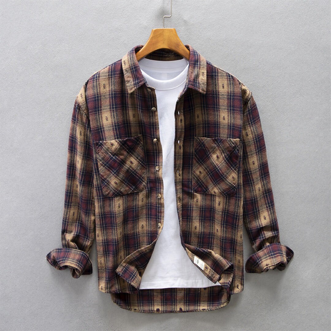 Men's Long sleeved Plaid Shirt, Brown Loose Vintage Cotton Casual Shirt ...