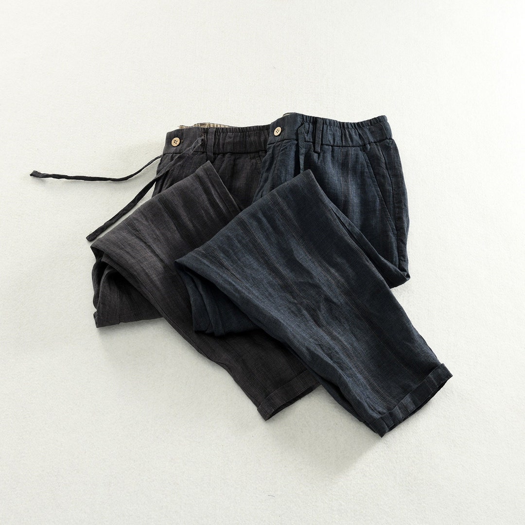 Men's Striped Linen Cropped Pants, 100 Linen Pants Men, Men's Summer