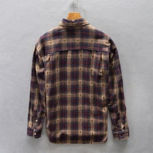 Men's Long sleeved Plaid Shirt, Brown Loose Vintage Cotton Casual Shirt ...