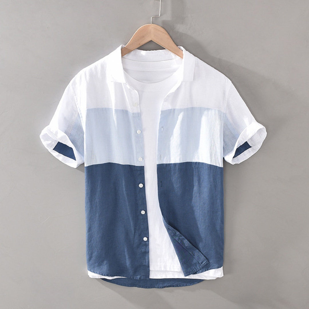 Summer Linen Patchwork Shirt, Vintage Linen Patchwork Shirt, Summer 100 ...