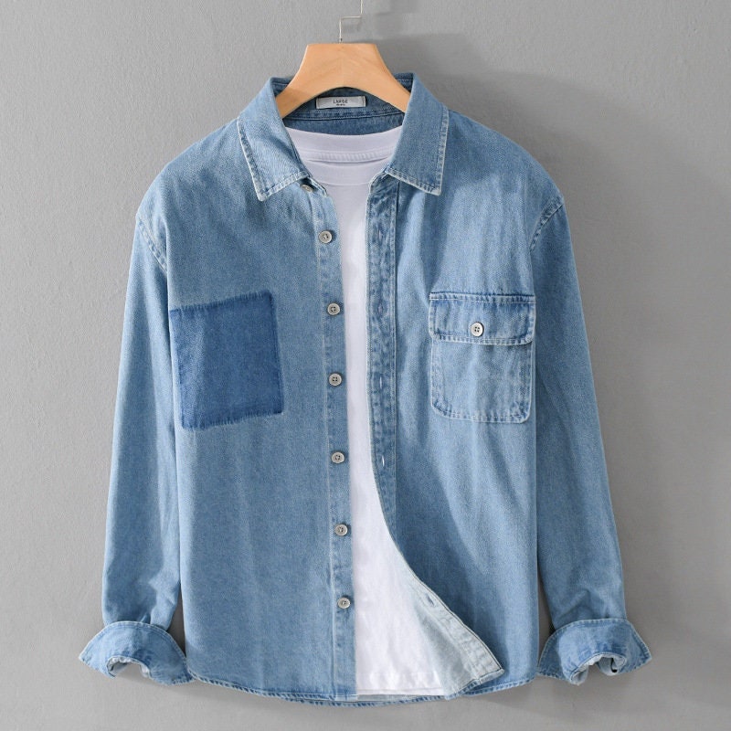 Men's Denim Shirt Autumn Vintage Cotton Denim Shirt - Etsy