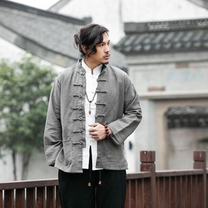 Men's Linen Jacket, Vintage Chinese Style Button-up Stand Collar Jacket ...