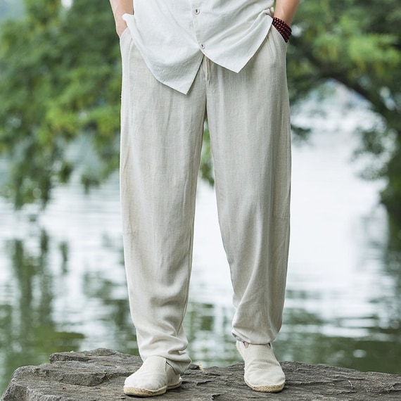 Men's Linen Pants, Summer Cotton Linen Casual Pants, Elastic Waist