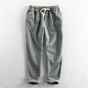 Men's Linen Pants, Summer Vintage Elastic Waistband Loose Cotton Linen ...