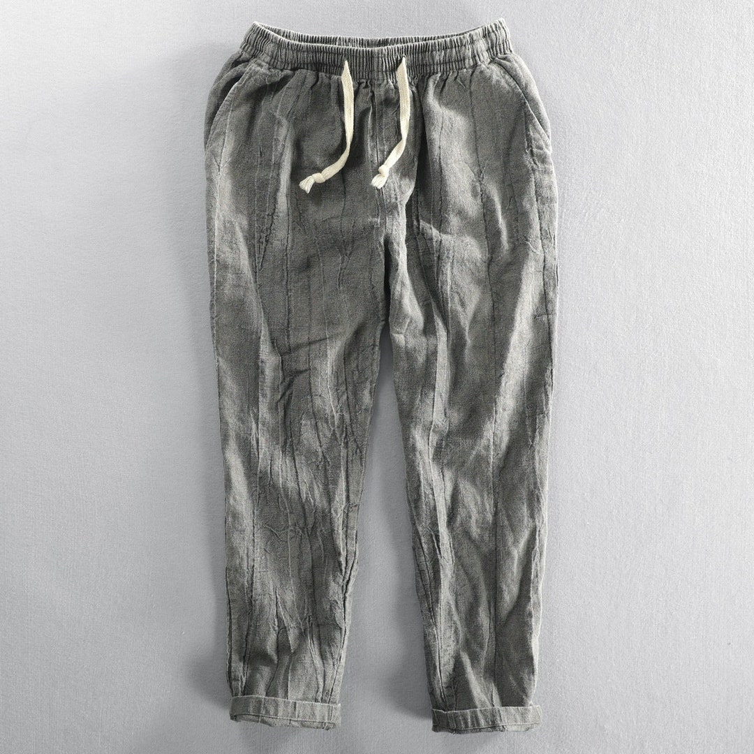 Men's Linen Pants Vintage Elastic Waist Washed Loose Etsy