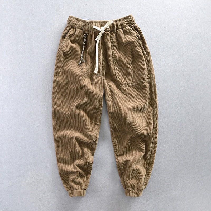 Men Corduroy Pants Casual Trousers Loose Straight Leg Retro