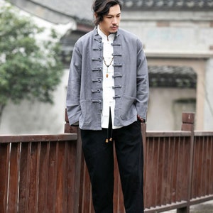 Men's Linen Jacket, Vintage Chinese Style Button-up Stand Collar Jacket ...