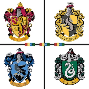 May include: Four crests from the Harry Potter series, each with a unique design and color scheme. The Gryffindor crest features a lion, Hufflepuff a badger, Ravenclaw a raven, and Slytherin a serpent. The crests are set against a white background.